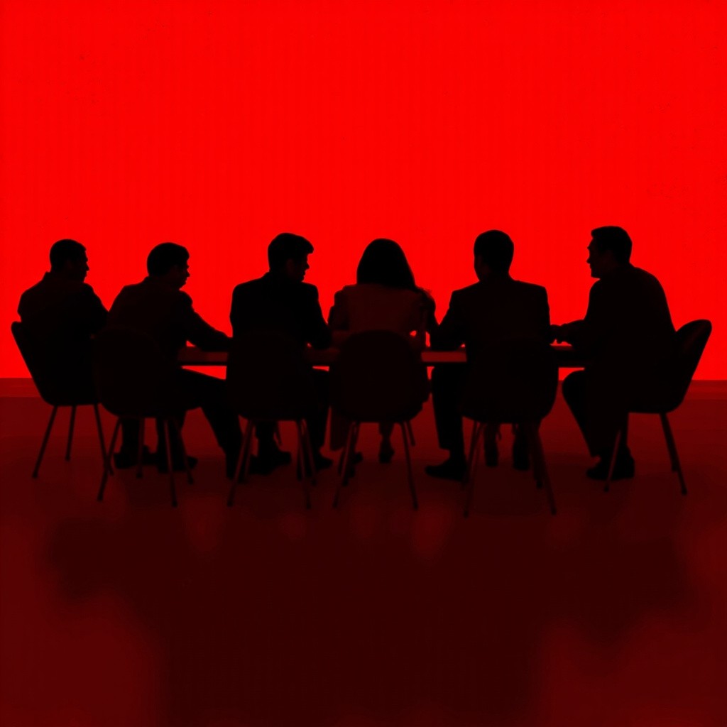 Eight Silhouettes at Table on Red Background