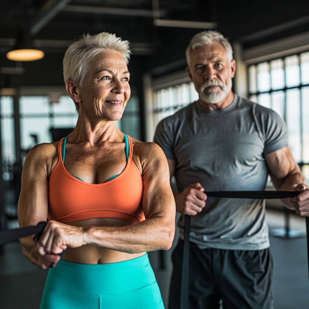 Elderly Couple Exercising with Resistance Bands at Gym