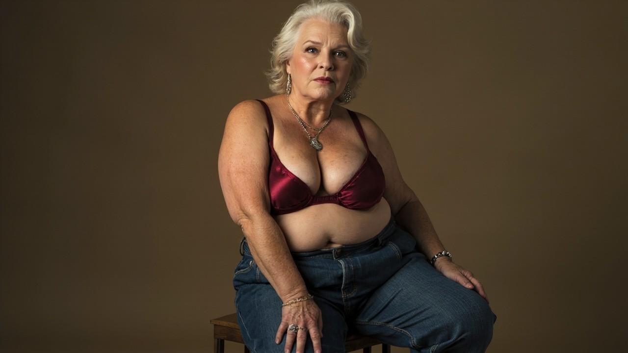 Elderly Plus-Size Woman Modeling in Bra and Jeans
