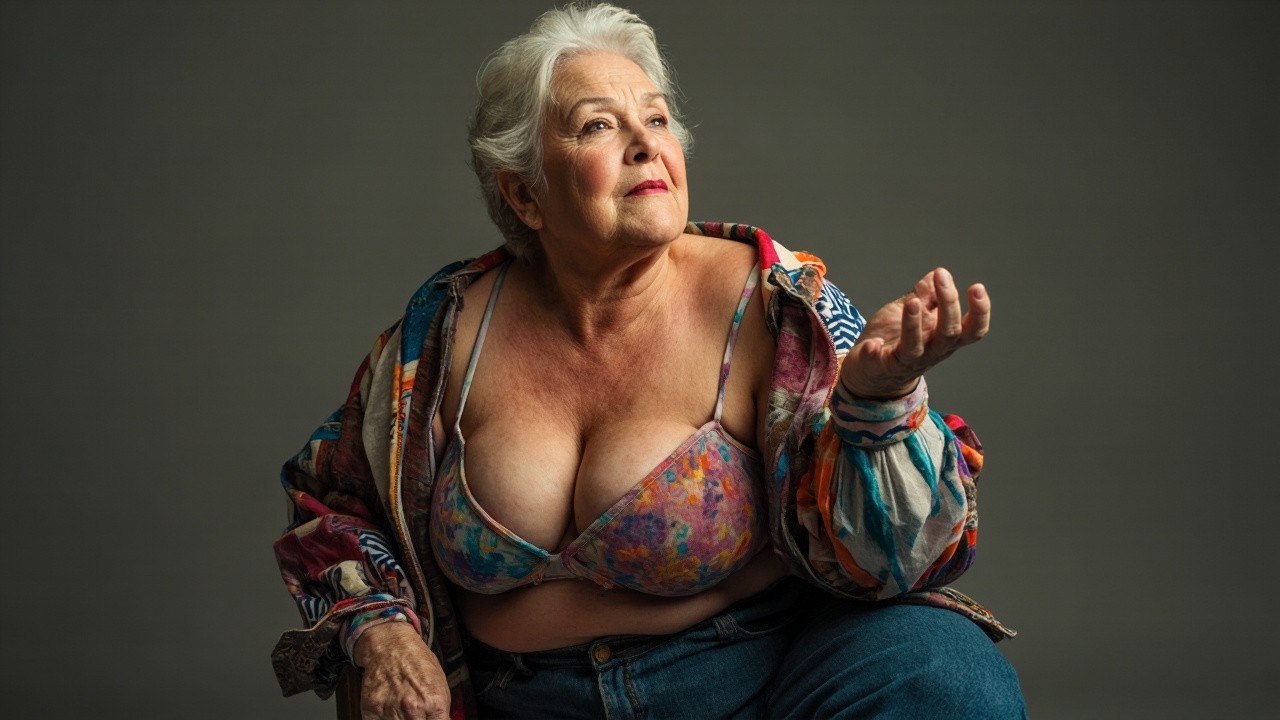 Elderly Plus-Sized Lady Posing in Colorful Bra and Jeans