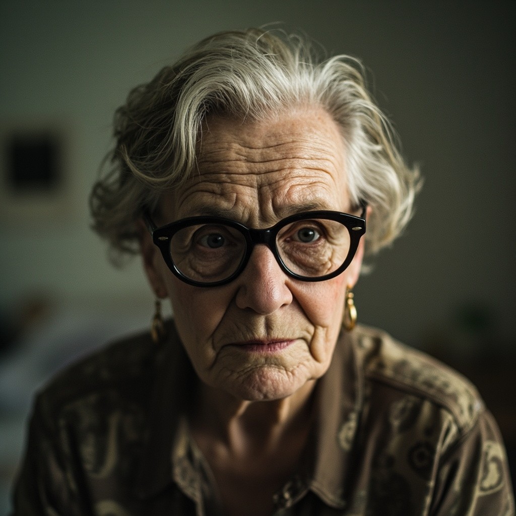 Elderly Woman with Cane Struggling with Memory