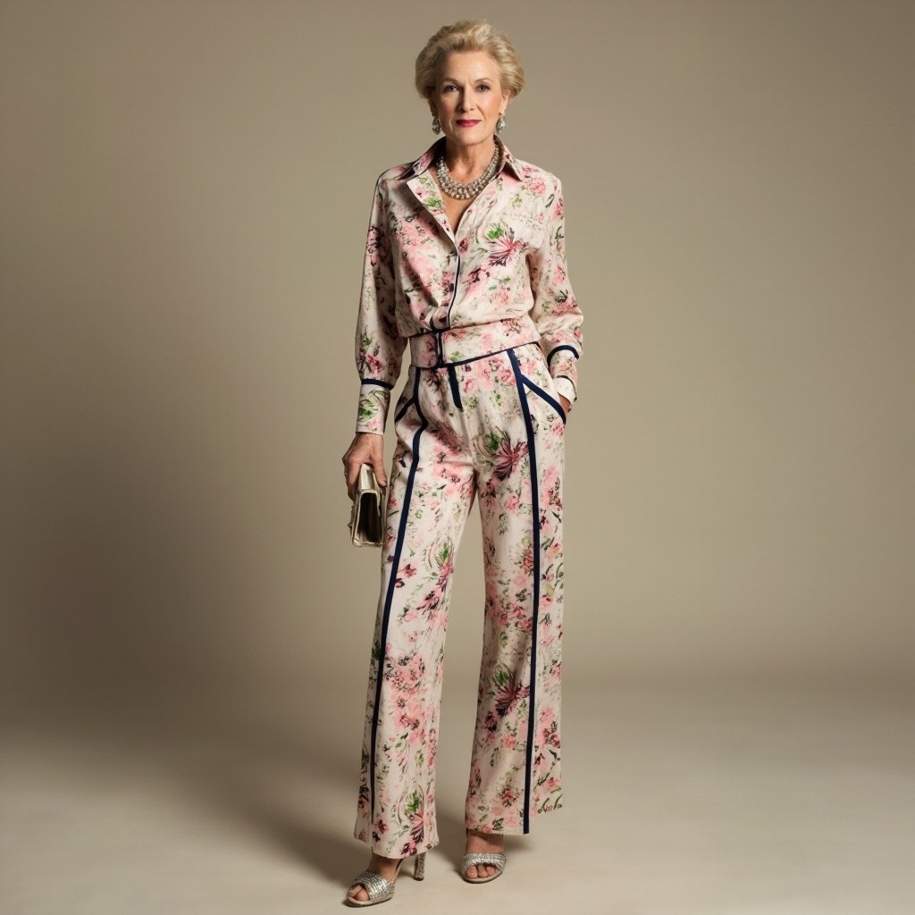 Elegant Blonde Woman in Floral Outfit and Jewelry