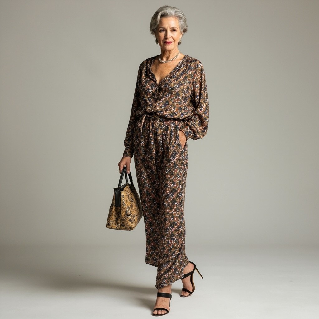 Elegant Elderly Woman in Stylish Printed Ensemble
