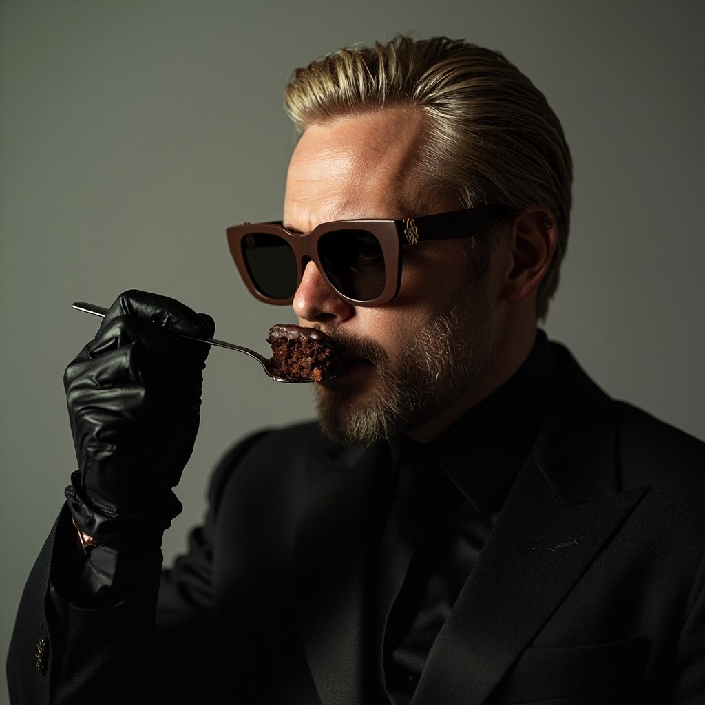 Elegant Man Tasting Chocolate Cake in Designer Sunglasses