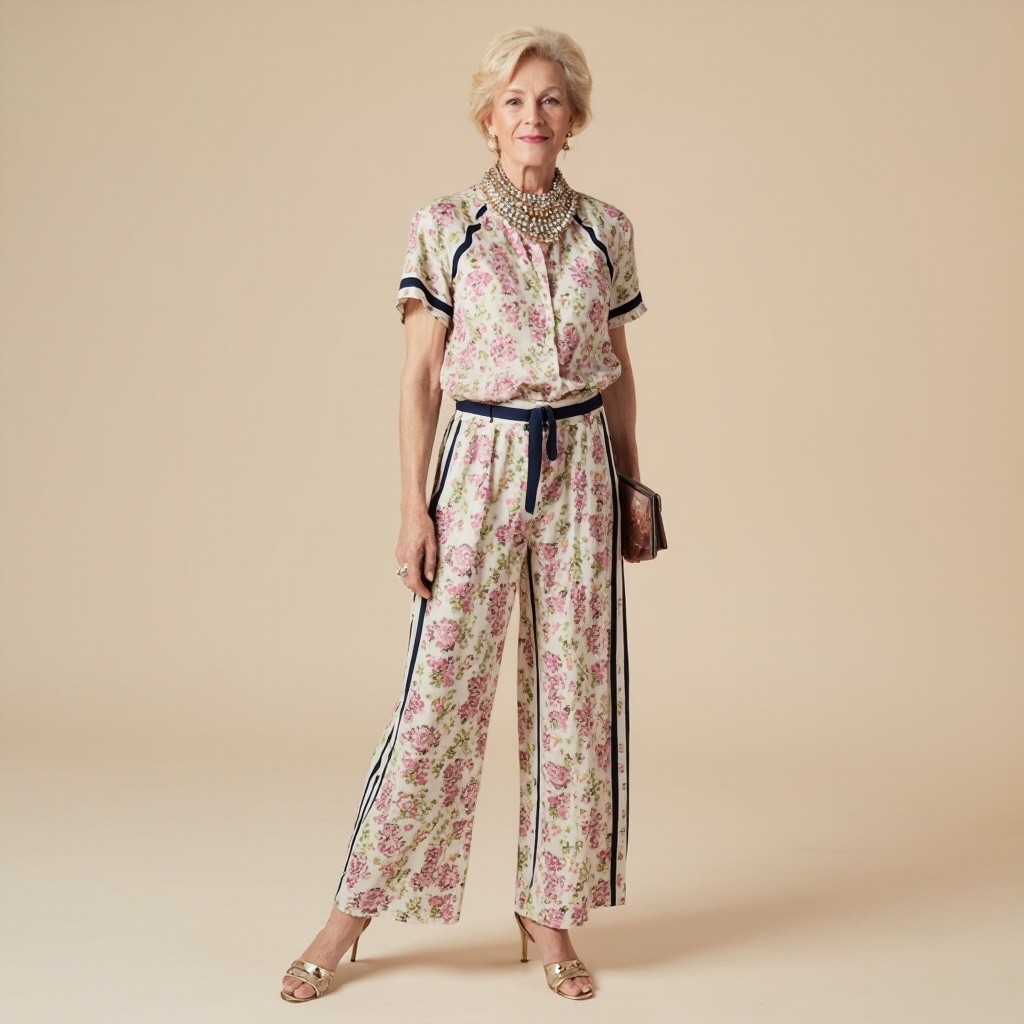 Elegant Mature Woman in Floral Printed Outfit