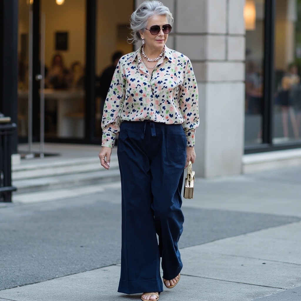 Elegant Mature Woman in Floral Silk Pajamas in City