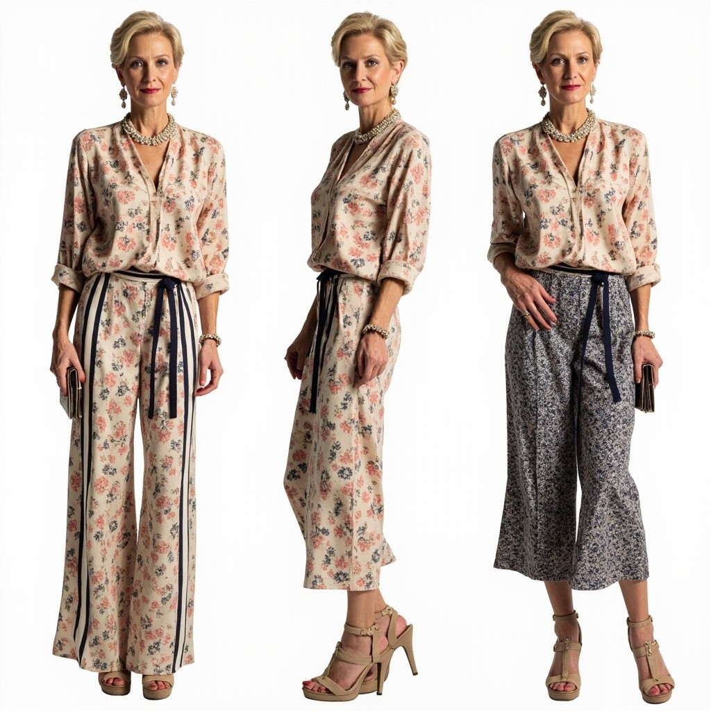 Elegant Woman, 40+, in Floral Outfit and Jewelry
