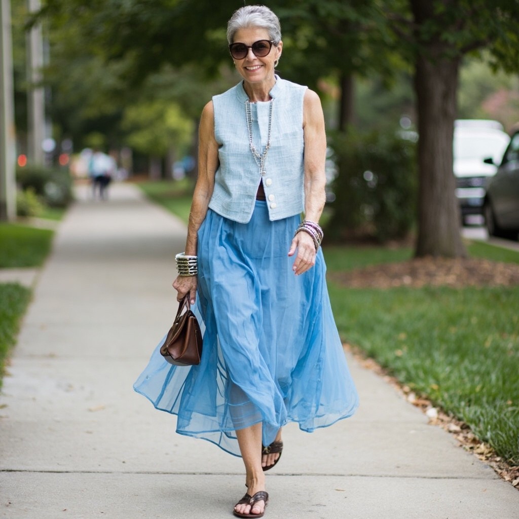 Elegant Woman in Blue Outfit with Gray Hair