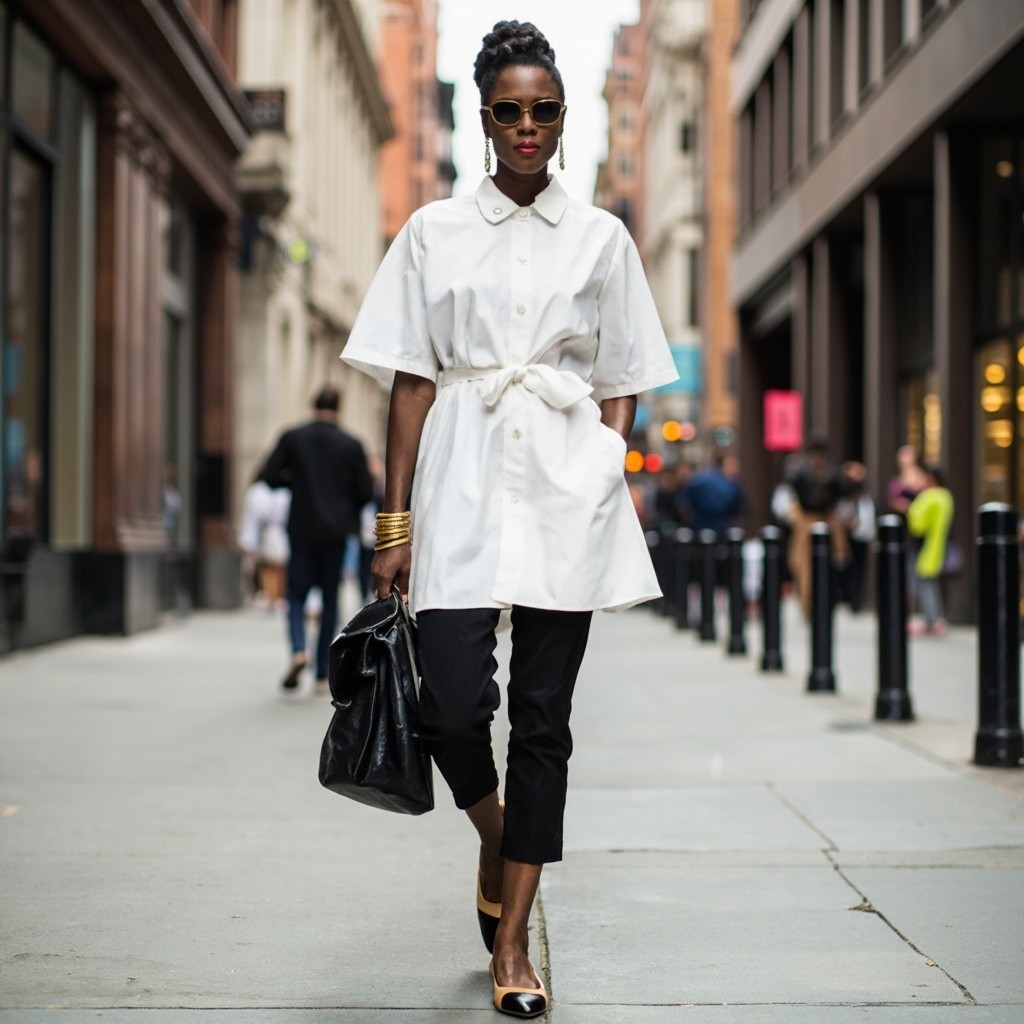 Elegant Woman in City with Dress and Capri Combo
