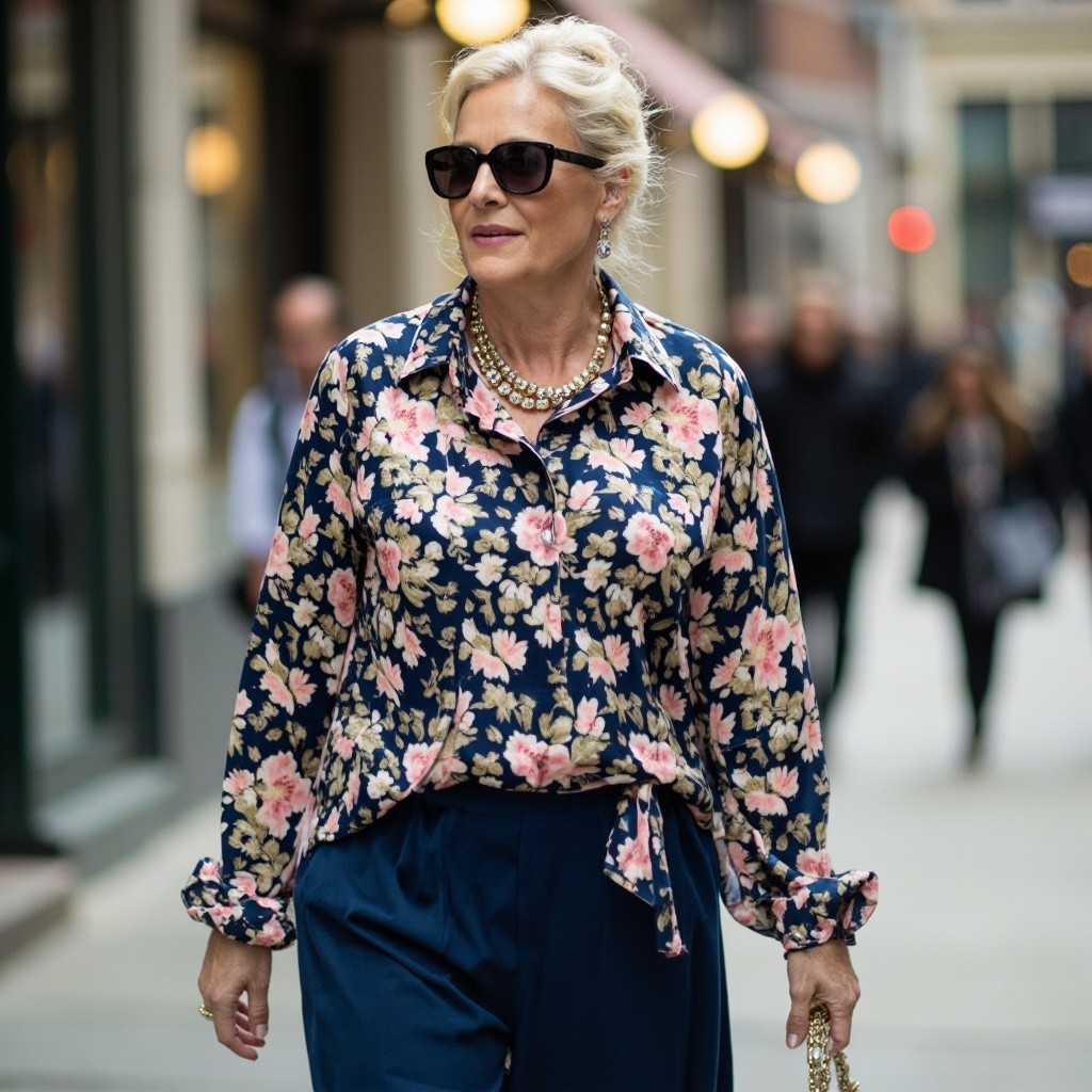 Elegant Woman in Floral Blouse and Palazzo Pants in City