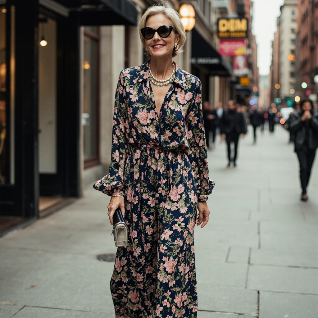 Elegant Woman in Floral Outfit in City
