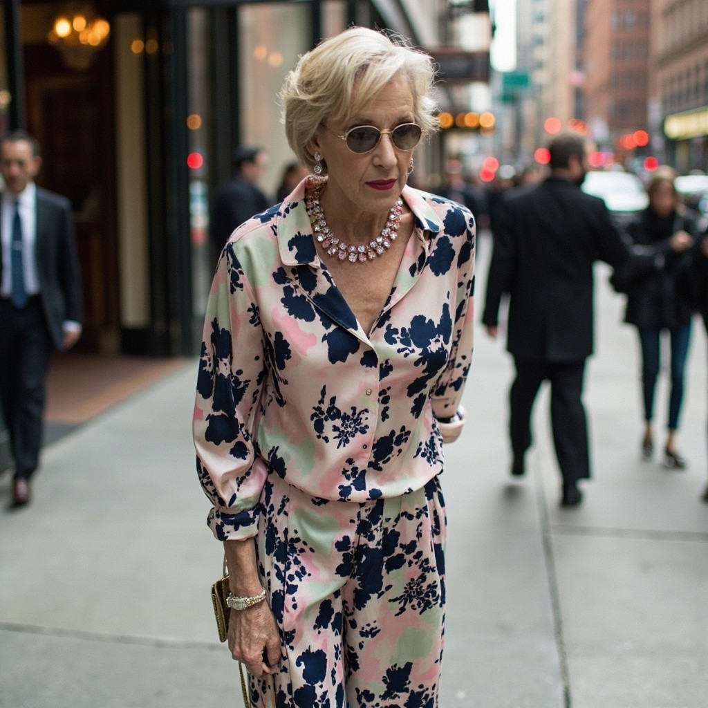 Elegant Woman in Floral Outfit in Urban Setting