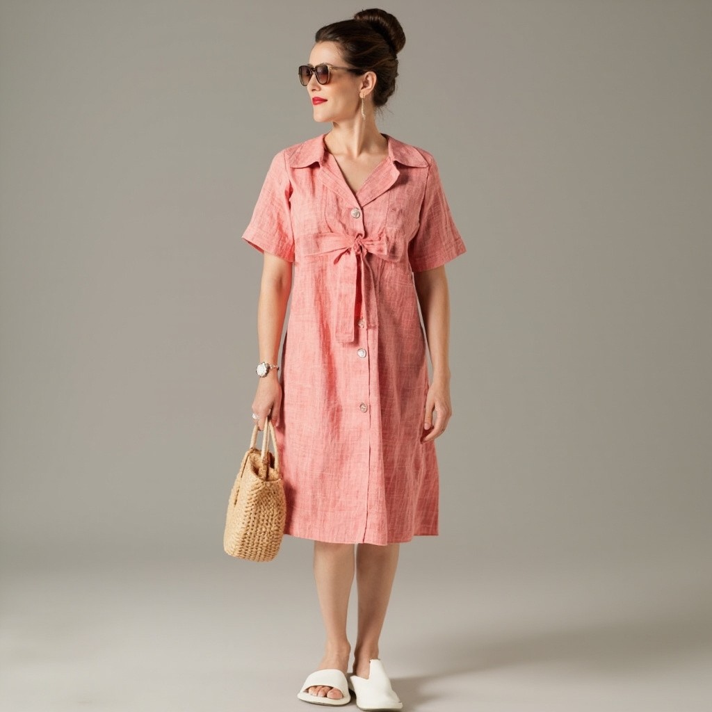 Elegant Woman in Pink Dress and White Sandals
