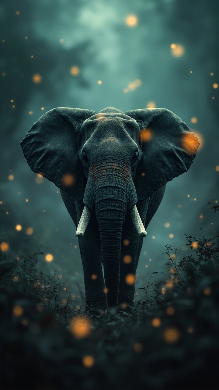 Elephant Amid Fireflies in a Morning Jungle Fog