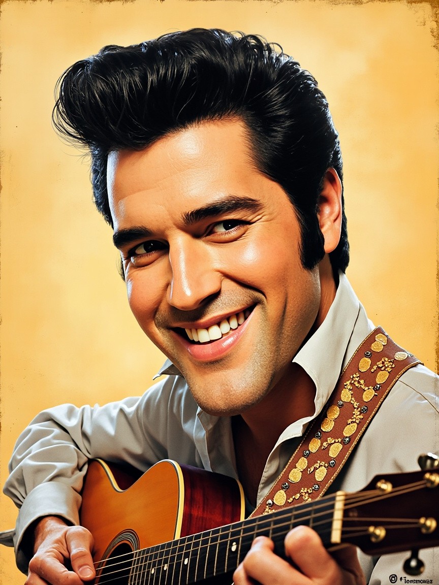 Elvis Presley Playing Guitar in Caricature Style