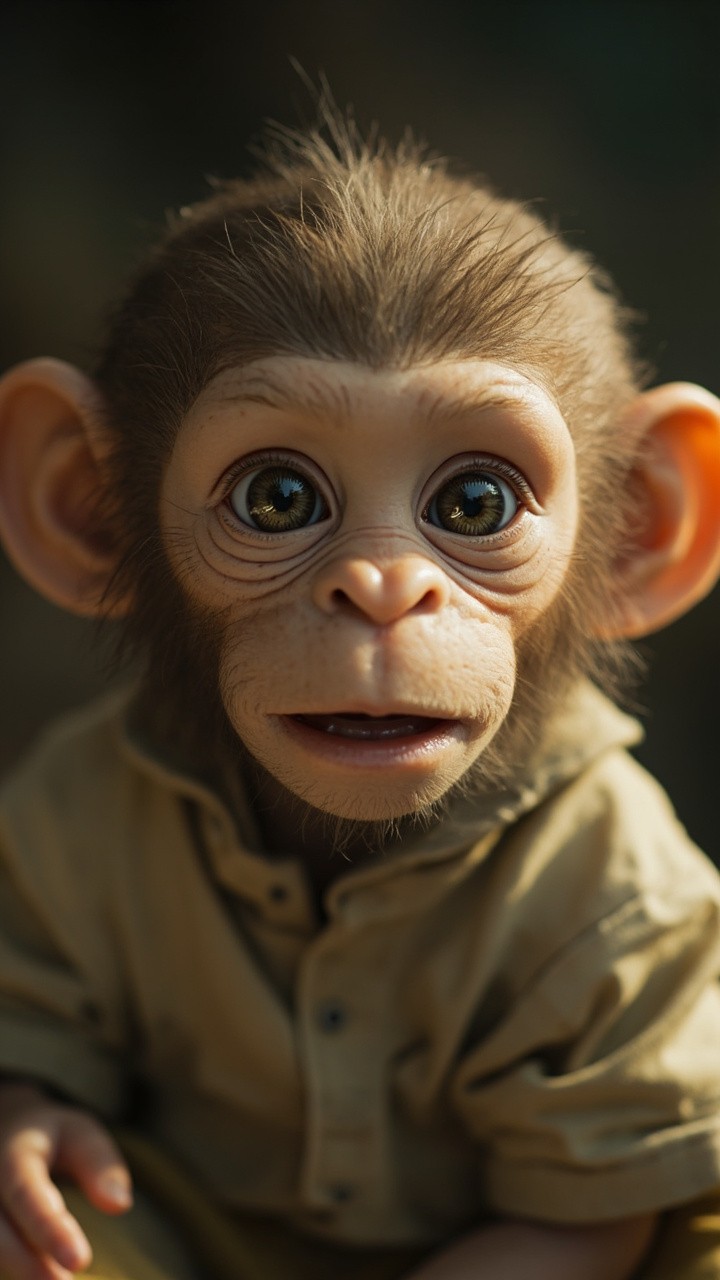 Emotional Baby Monkey with Big Ears and Beige Shirt