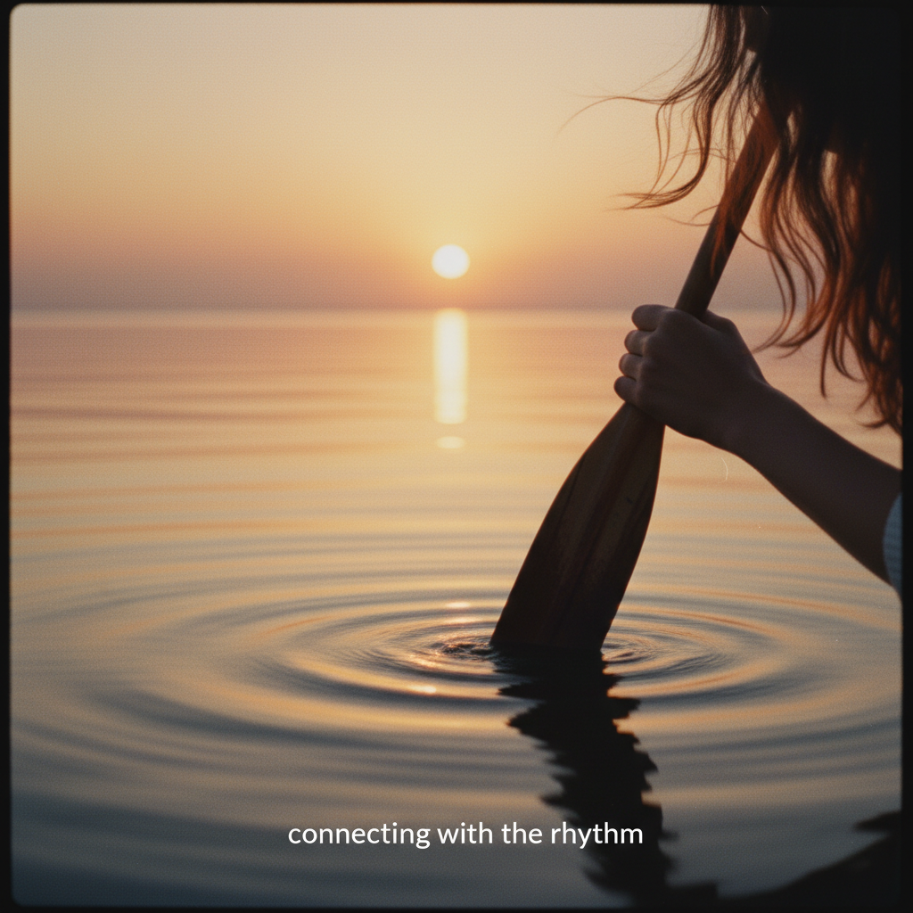 Create a cinematic video of a woman finding inner peace paddling at sunset. Create a cinematic video of a woman finding inner peace paddling at sunset.