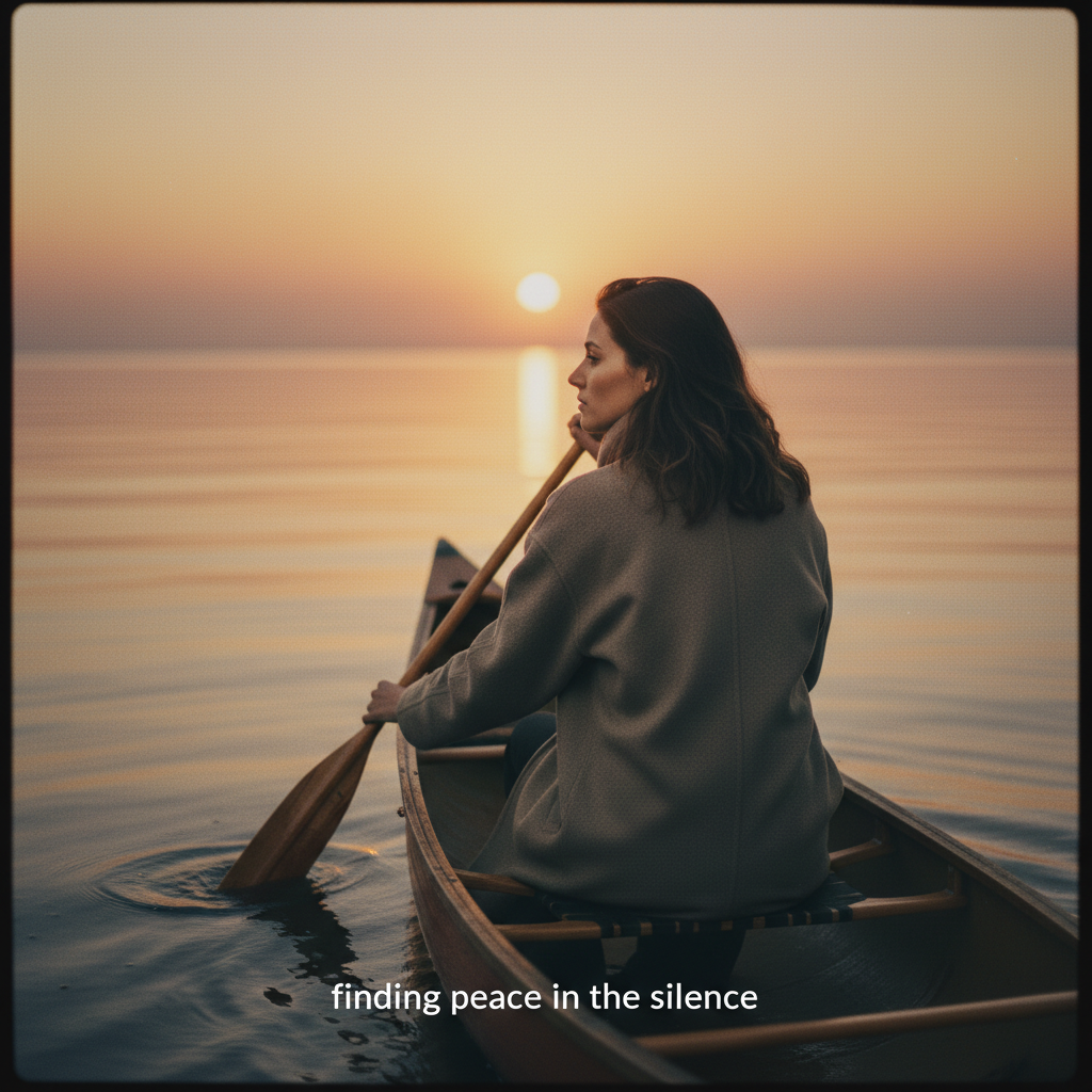 Create a cinematic video of a woman finding inner peace paddling at sunset. Create a cinematic video of a woman finding inner peace paddling at sunset.