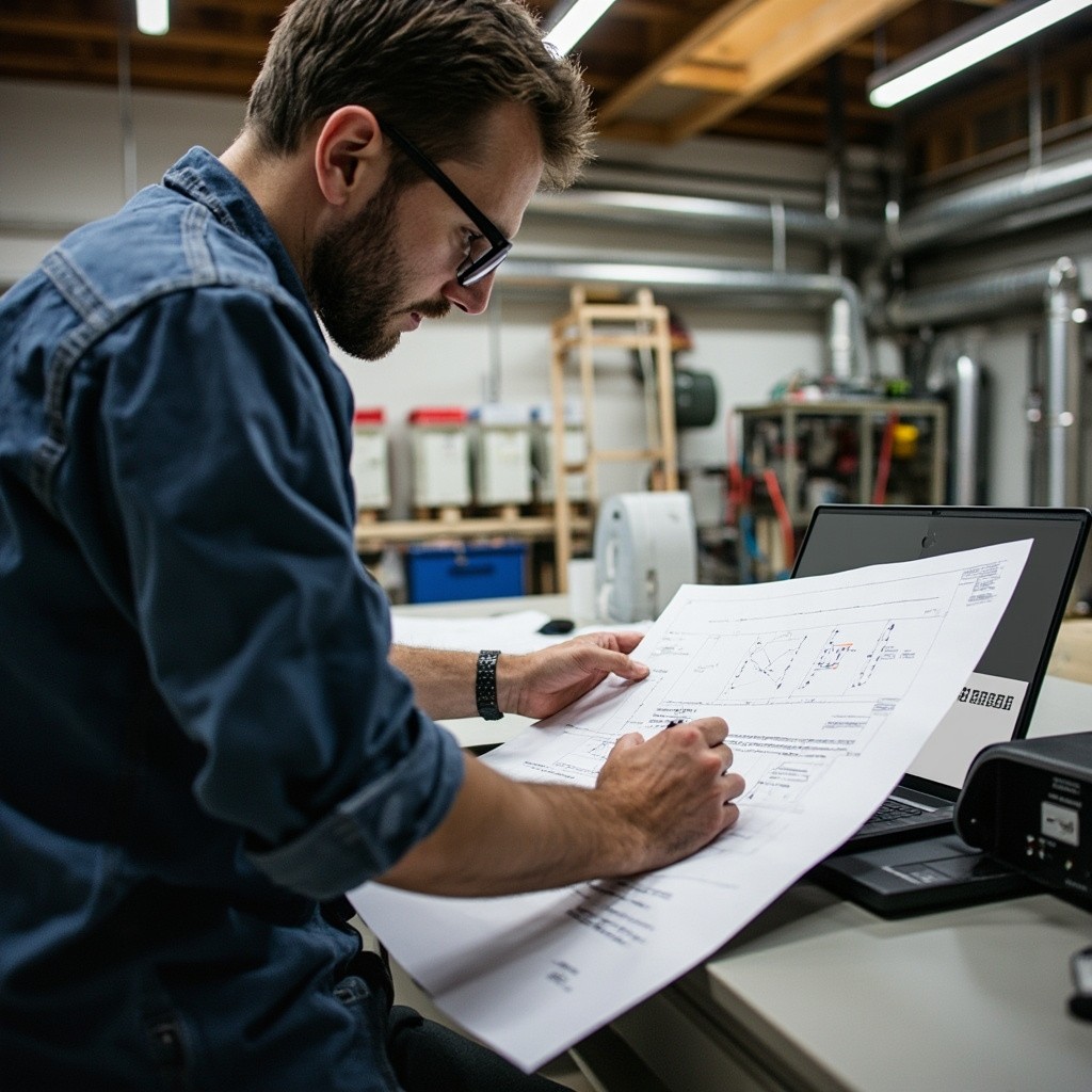 Engineer Designing Heating Systems at Desk
