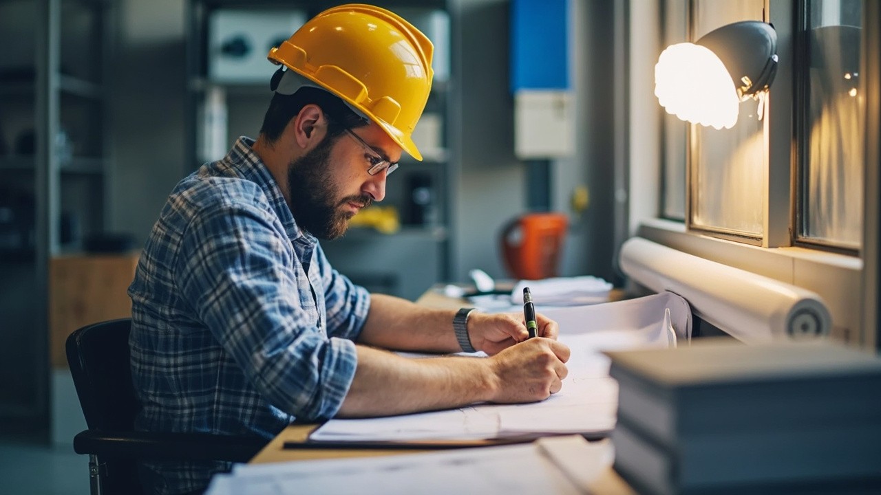 Engineer Designing Heating Systems at Desk