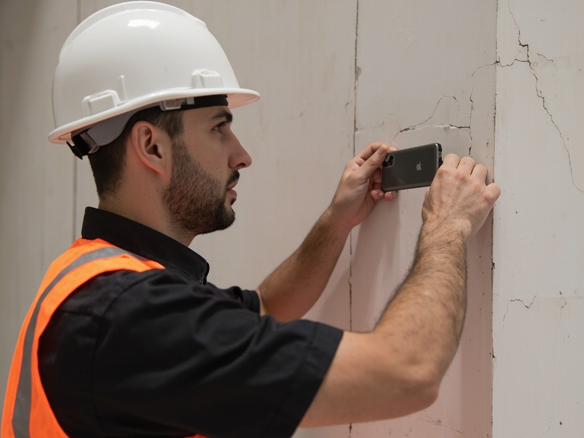 Engineer Photographing Wall Crack with iPhone