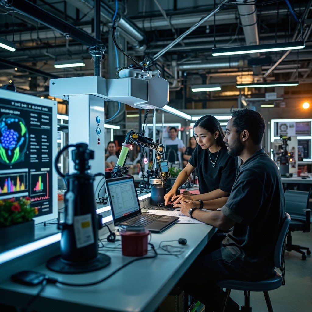 Engineers Operating Robotic Arms in Futuristic Workspace