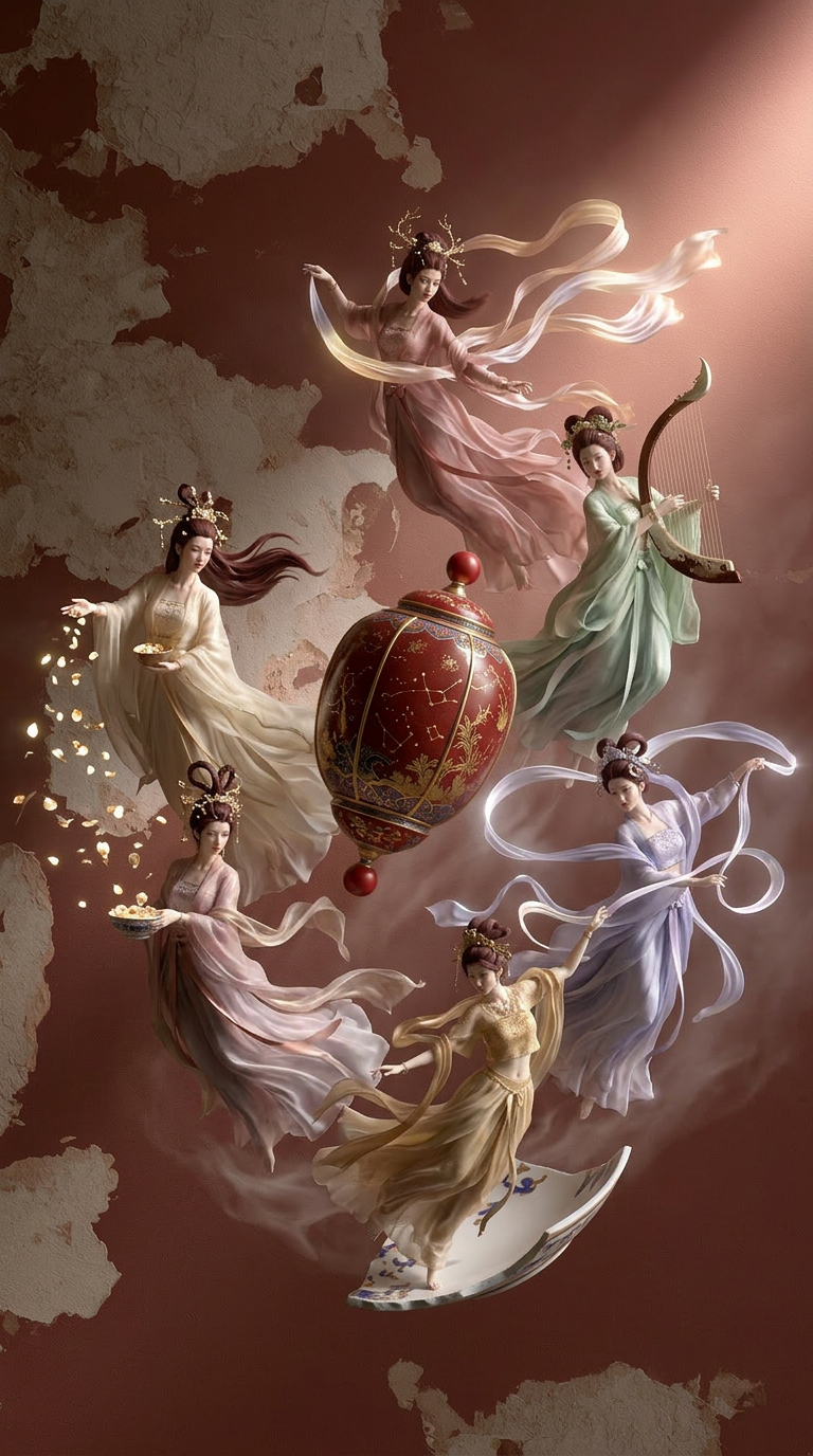 Dreamlike East Asian Celestial Muses with Elongated Lantern Relic Dreamlike East Asian Celestial Muses with Elongated Lantern Relic