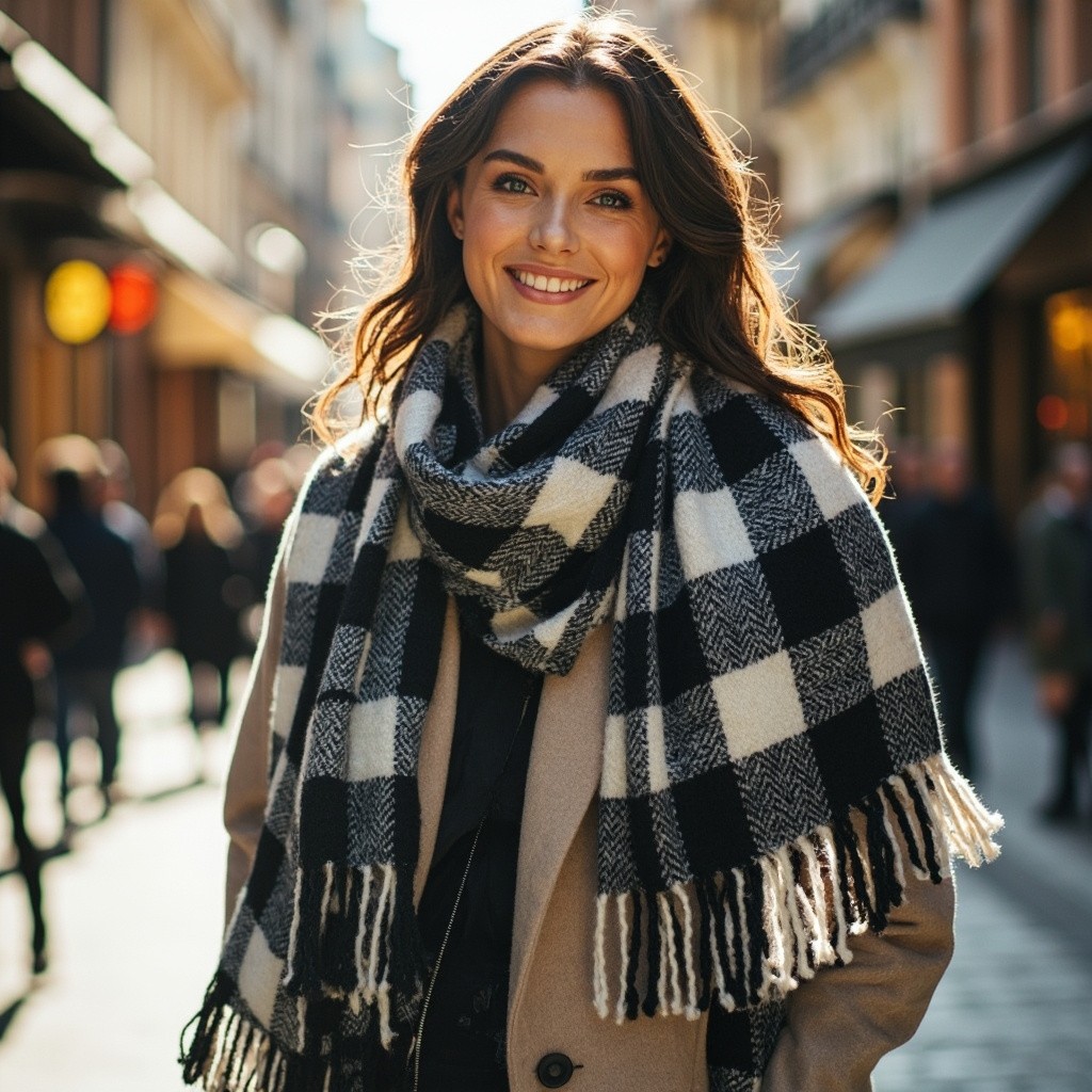 European Model Promoting Shawl in Chic Winter Scene