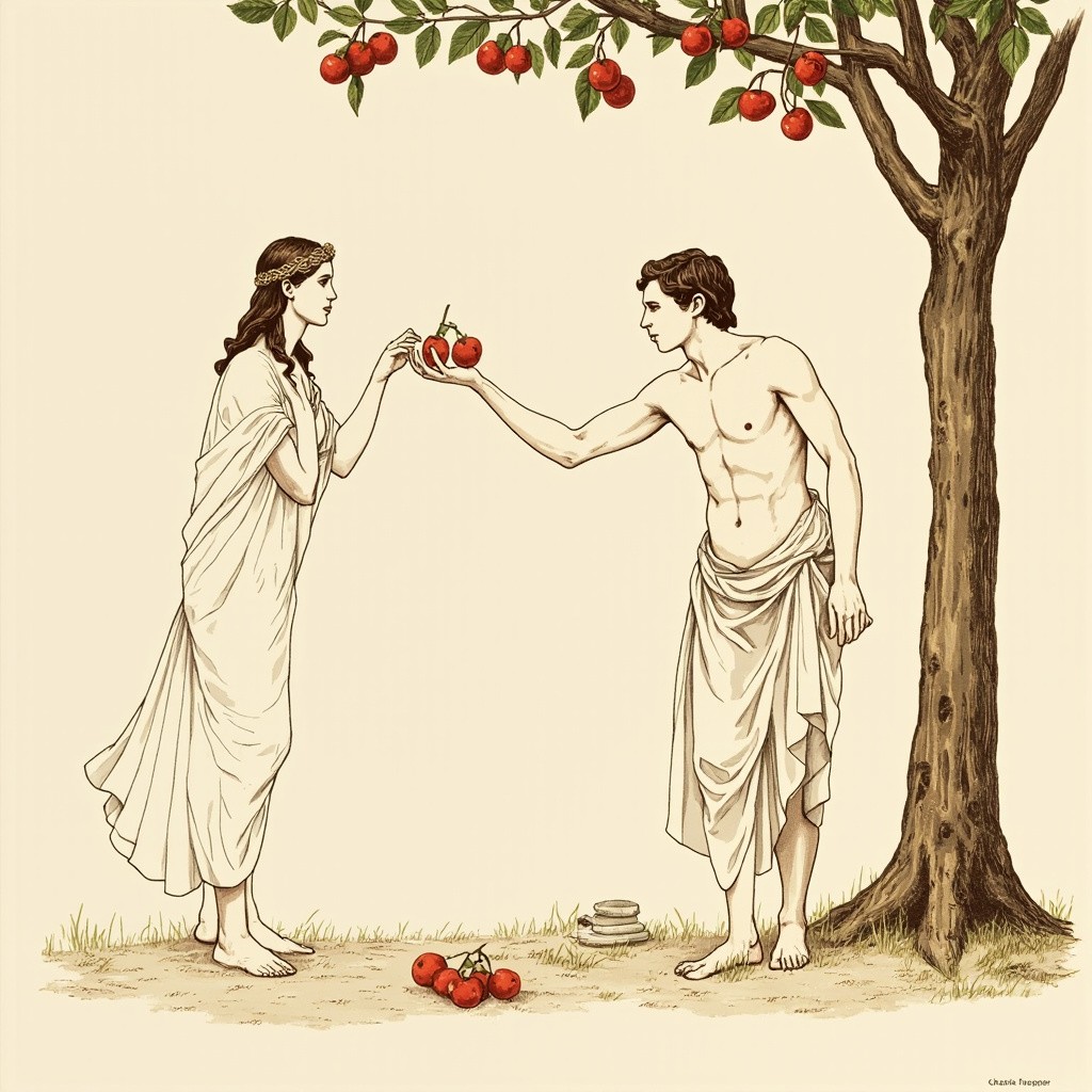 Eve Tempts Adam with Forbidden Fruit Illustration