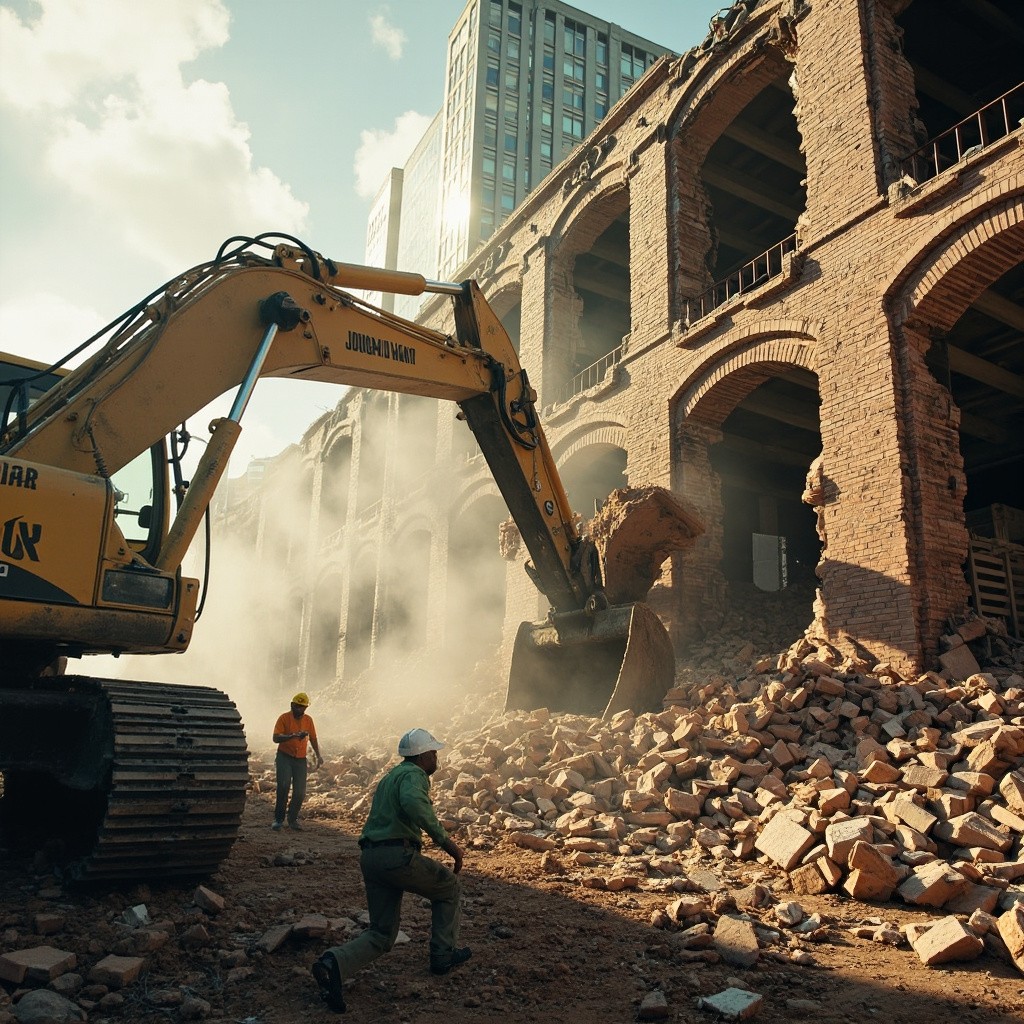 Excavator Demolishing Old Building Amidst Dusty Chaos
