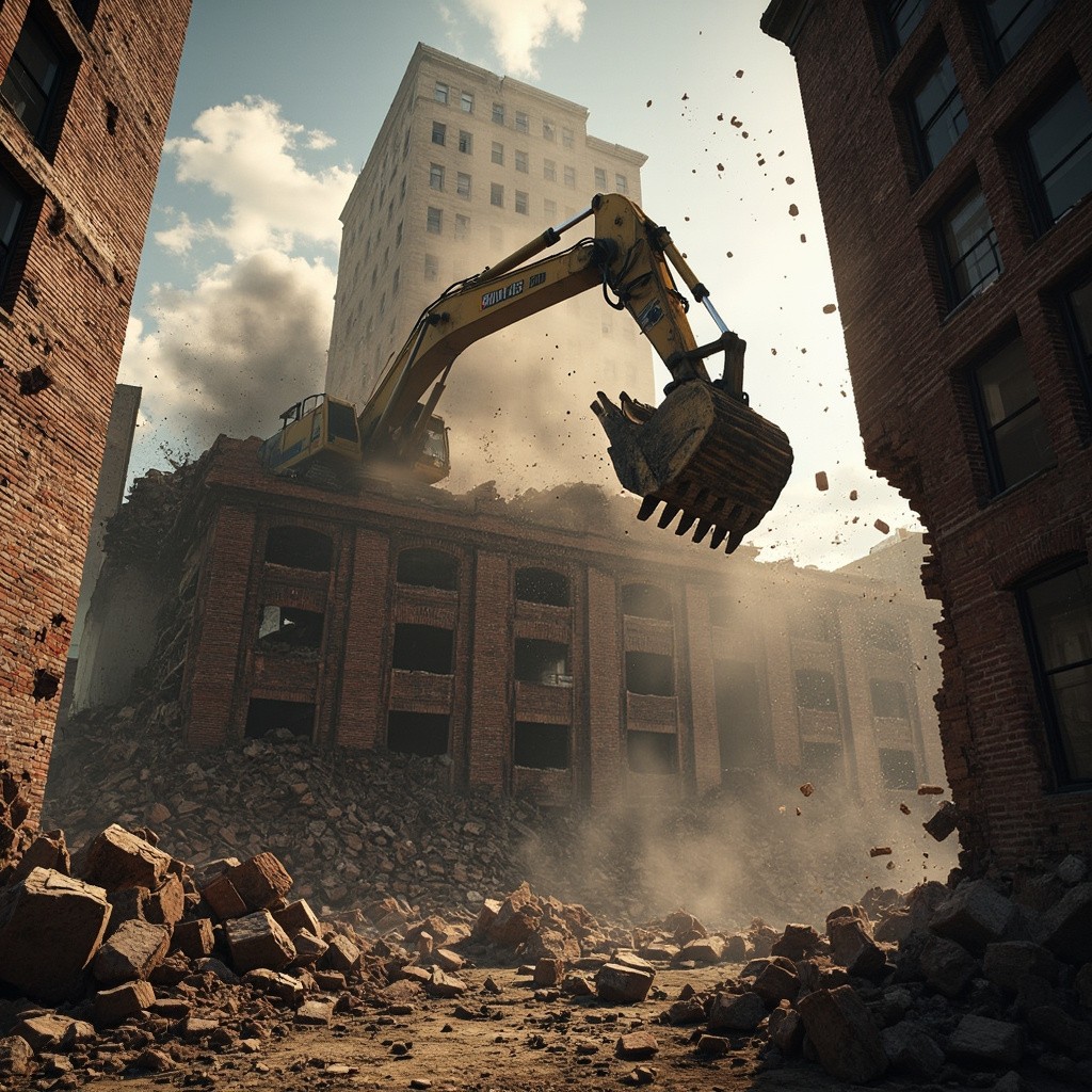 Excavator Demolishing Old Building in Midday Sun