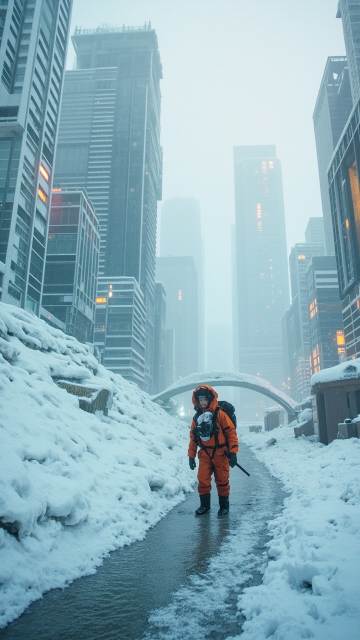 Explorers Trekking Through Frozen City in Ice Age