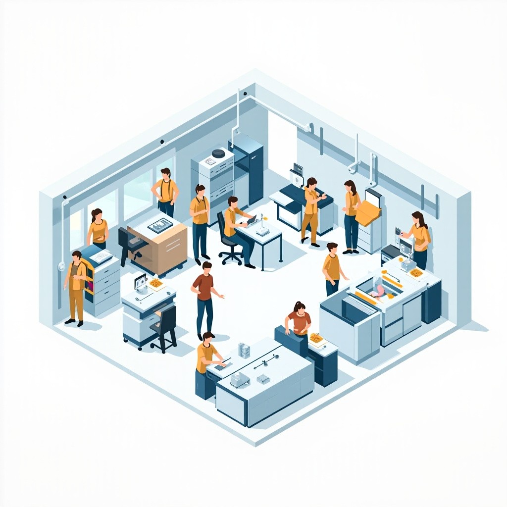 Factory Floor Illustration with Happy Workers