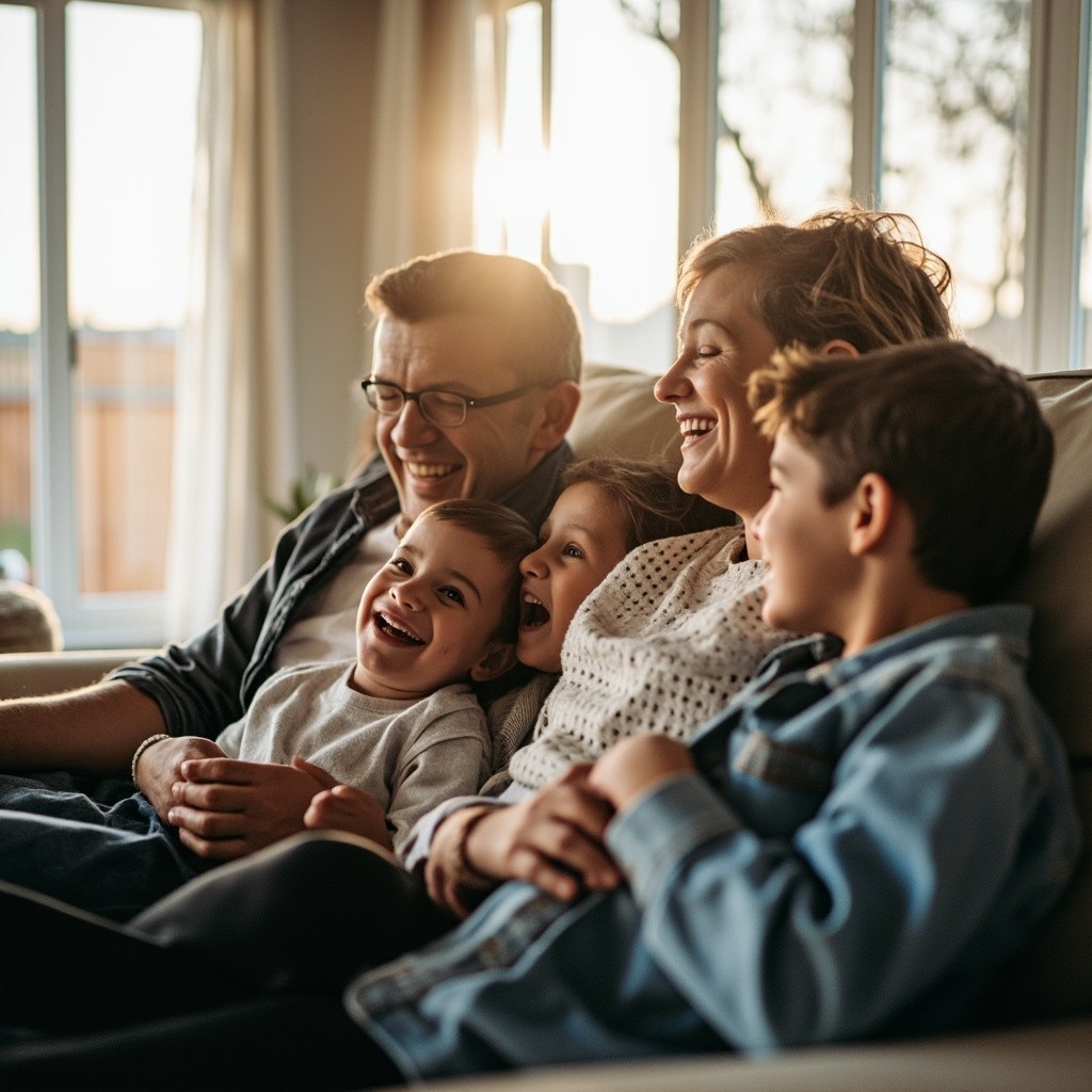Family Enjoying Clean Air in Bright Home
