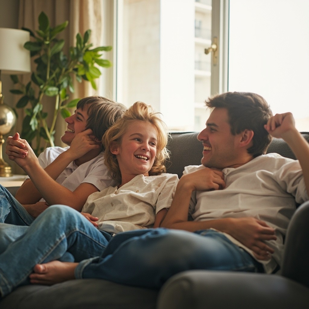 Family Relaxing on Sofa in a Bright Home