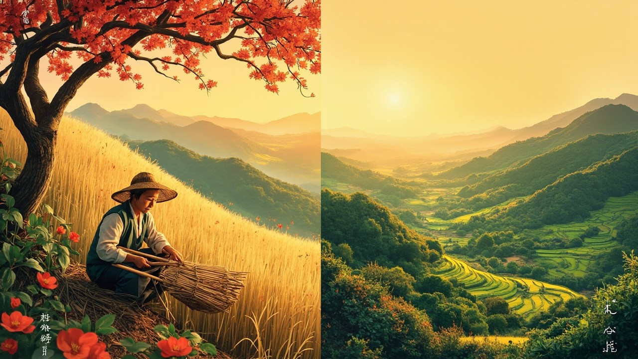 Farmer Working and Fertile Landscape at Sunrise