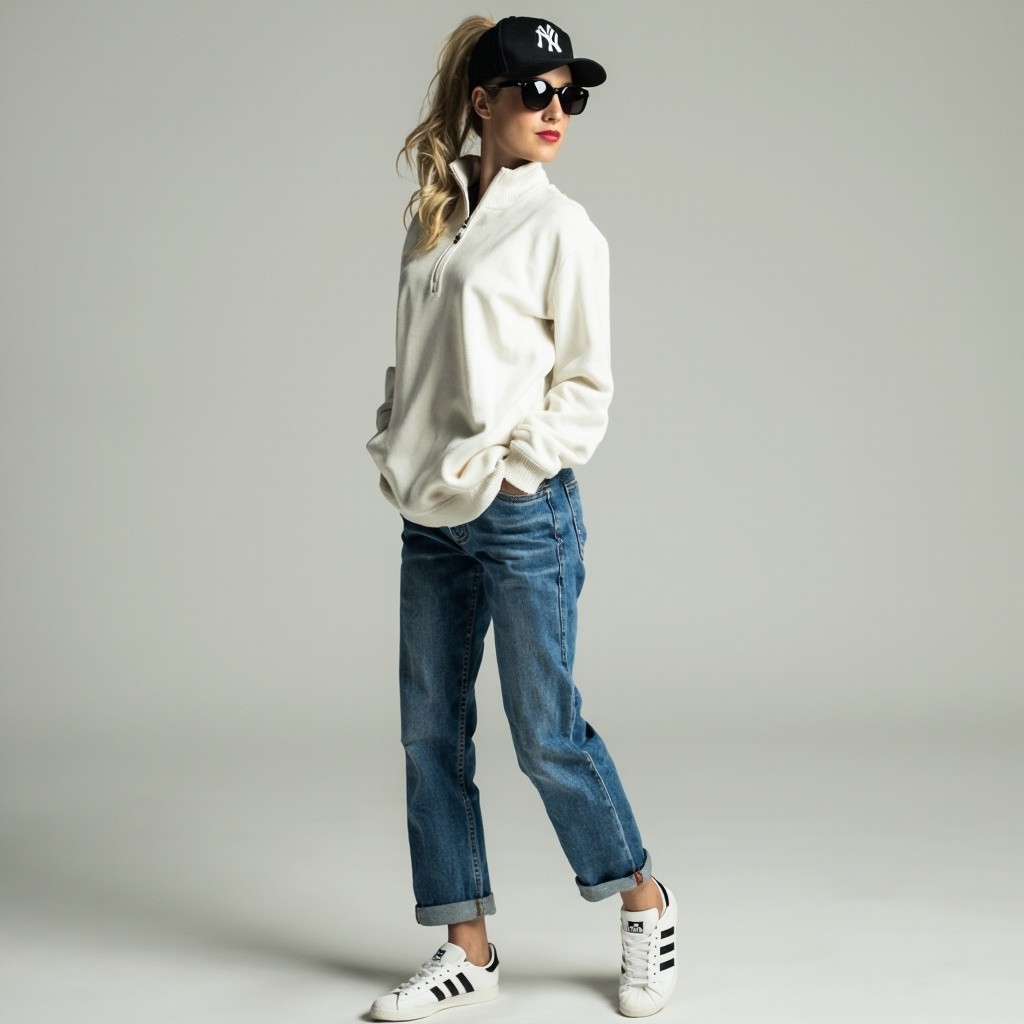 Fashionable Blonde Woman in NYC Yankees Cap and Adidas