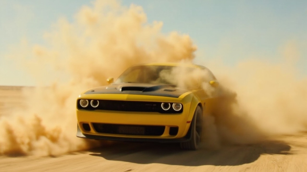 Fast Yellow Dodge Challenger Racing Through Desert