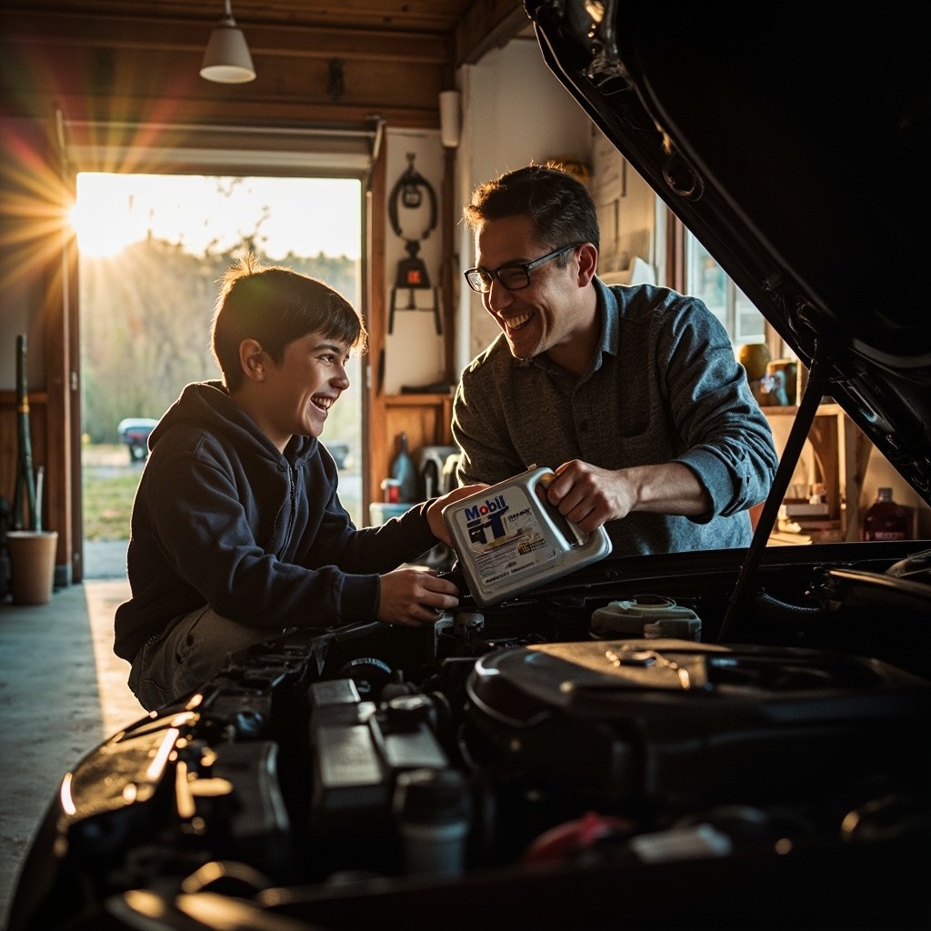Father and Teen Working on Car in Garage