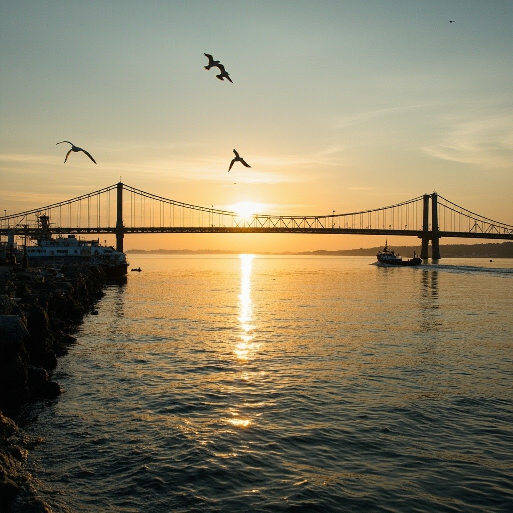 Fishing Boat Leaving Goro's Boat Bridge at Sunset