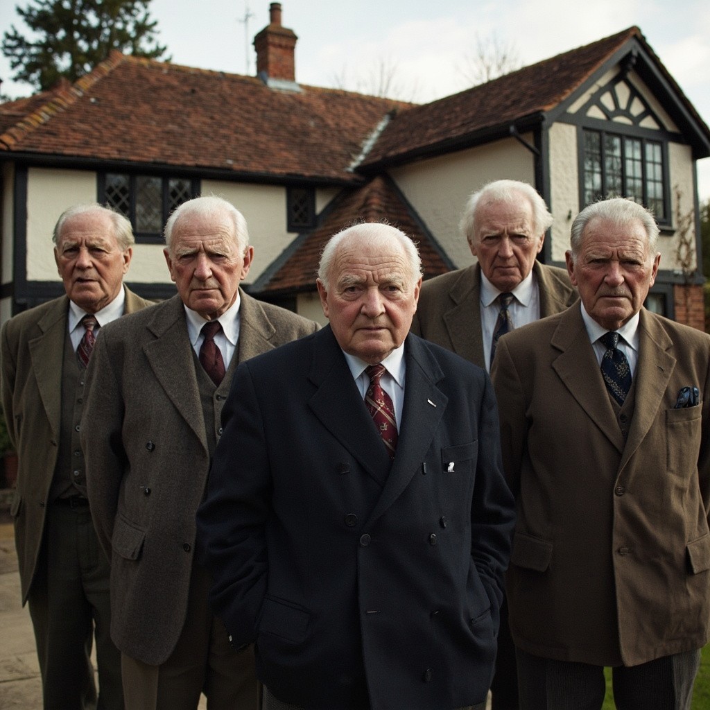 Five Gentlemen in Suits Outside an English Cottage