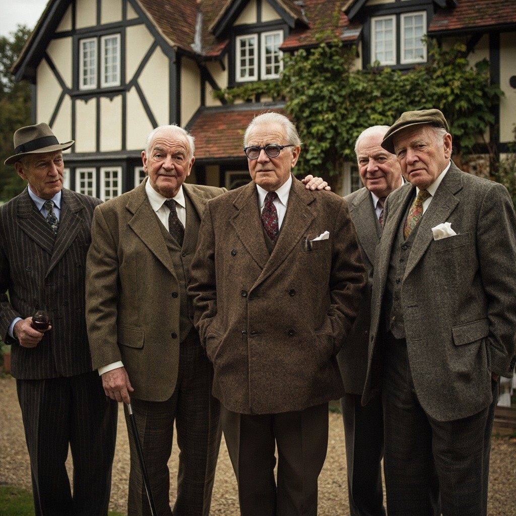 Five Gentlemen in Tweed Suits at English Cottage