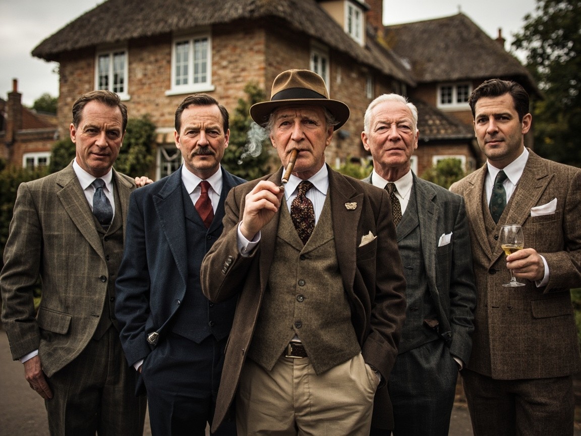 Five Gentlemen in Tweed Suits at English Cottage