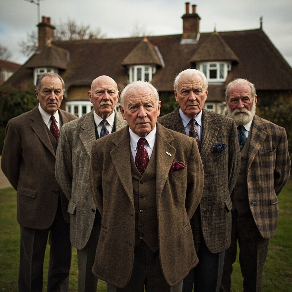 Five Gentlemen in Tweed Suits by English Cottage