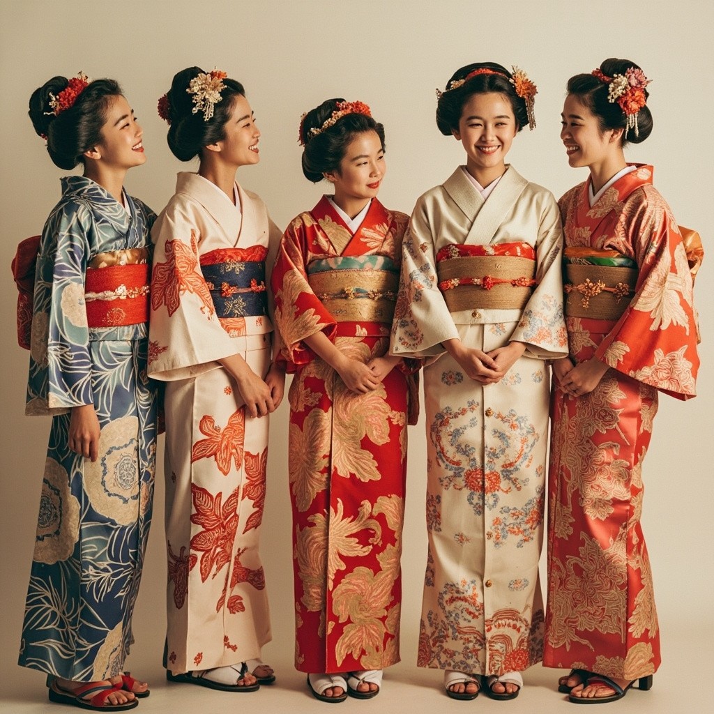 Five Japanese Women Wearing Kimonos