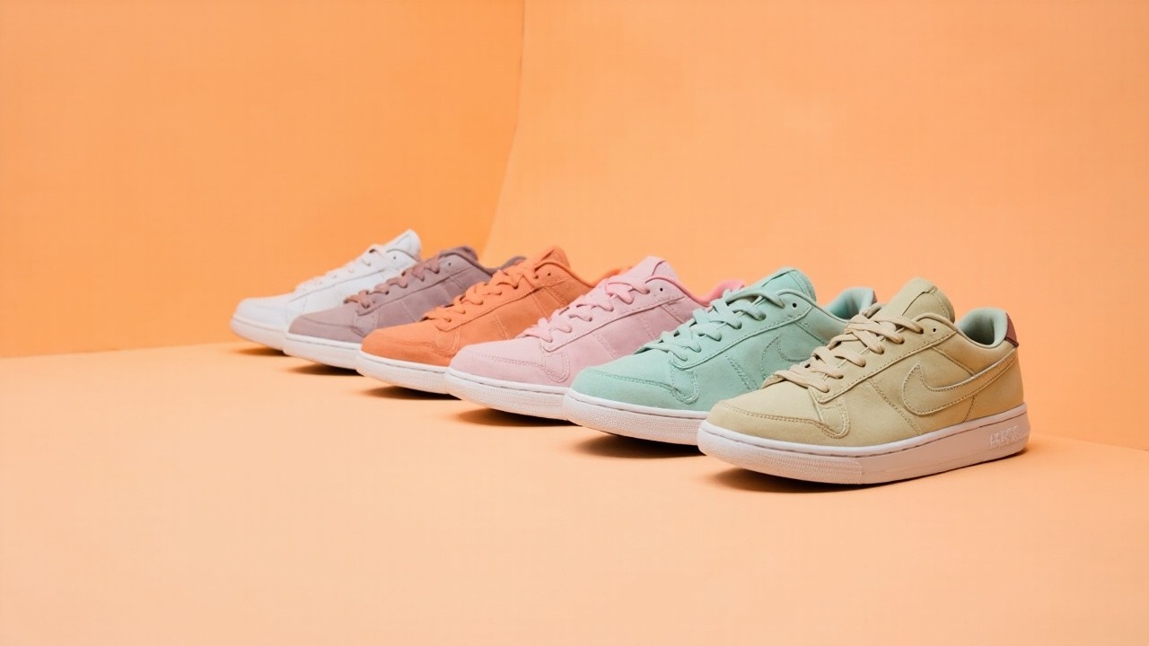 Five Pastel Sports Shoes on Orange Background