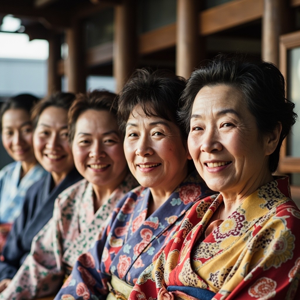 Five Smiling Japanese Women in Kimonos