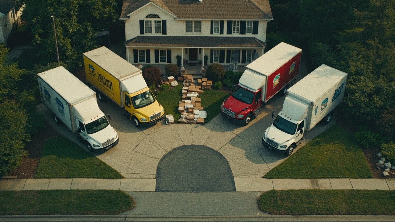 Five Trucks Delivering to a Suburban Home