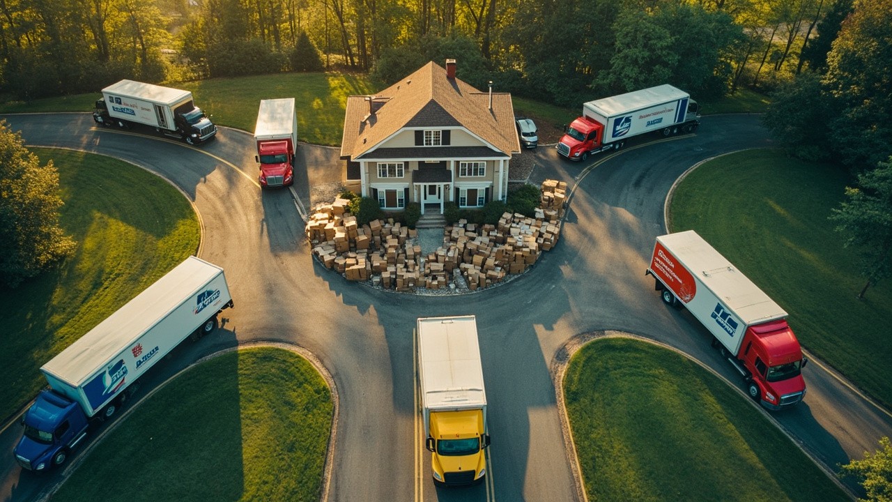 Five Trucks on Roads Leading to Package-filled House