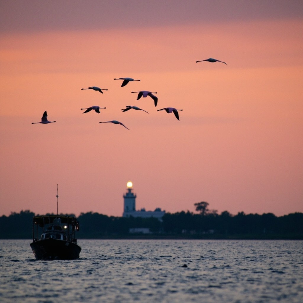 Flamingos Flying over Delta del Po at Sunset